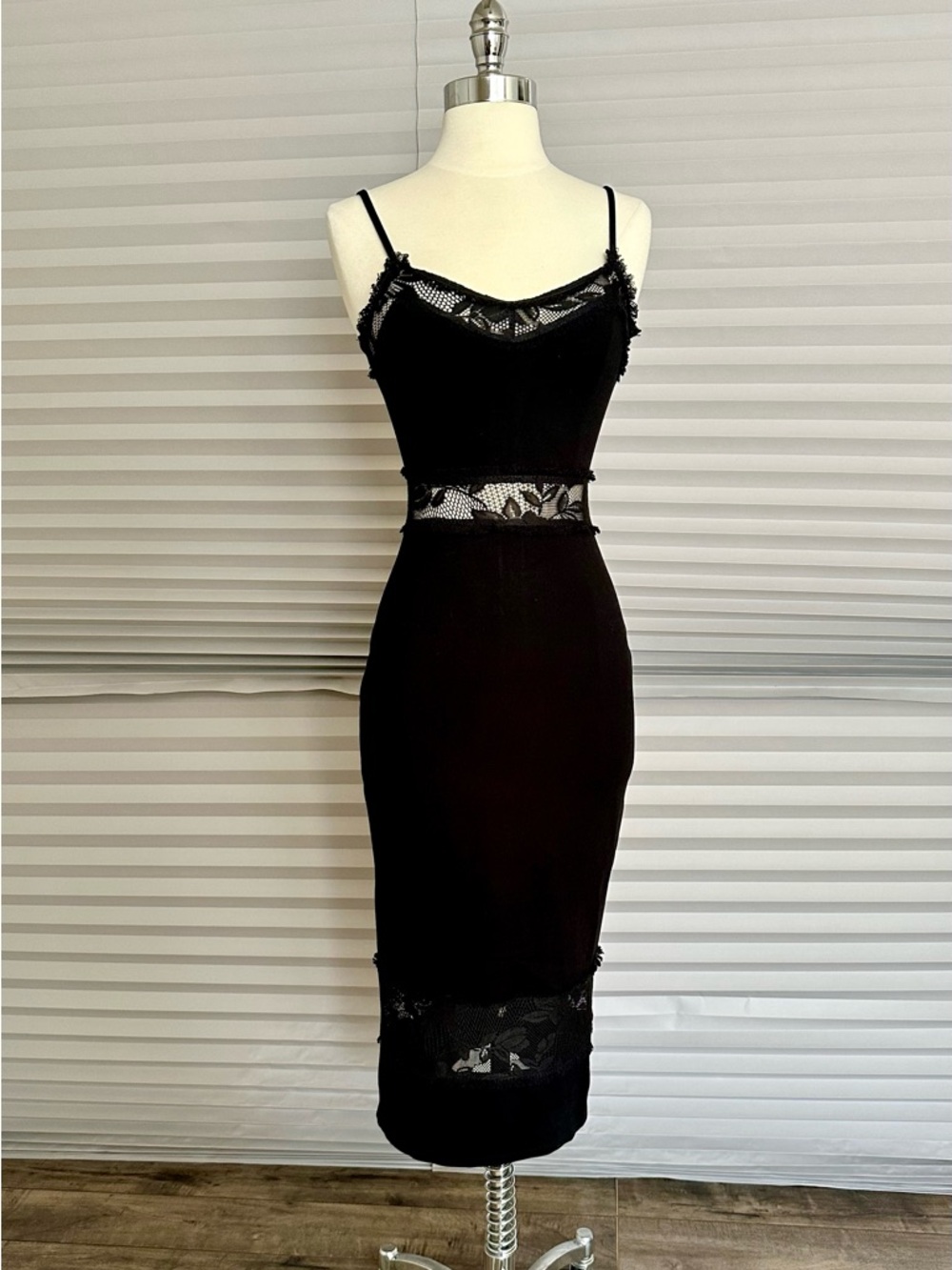French Connection Black Lace-Trim Midi Dress